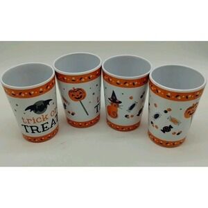Set Of 4 Halloween Trick Or Treat Melamine 4" Cups Glasses Cat Witch Bat Pumpkin